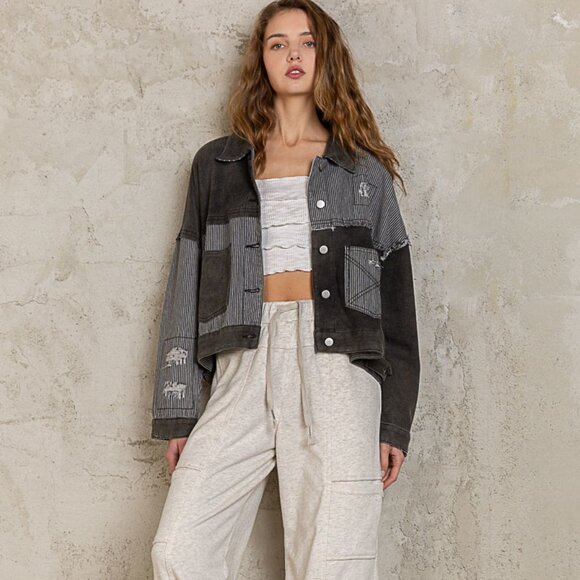 POL Black Contrast Pinstripe Fabric Cotton Button Down Shacket Jacket